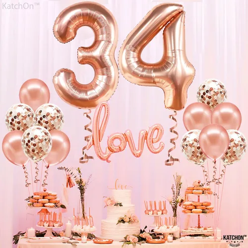 Vista 2 de KatchOn, Juego de globos de oro rosa con el número 34, 40 pulgadas, decoraciones de cumpleaños número 34 para mujeres con globos de confeti, incluye