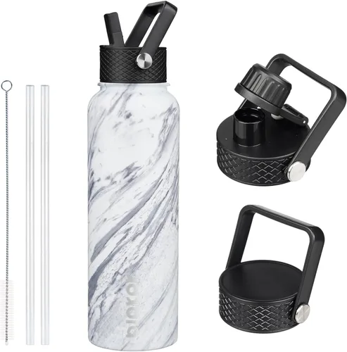 Vista 36 de BJPKPK - Botellas de agua aisladas con tapa de popote, botellas de agua de acero inoxidable de 40 onzas con 3 tapas, termo a prueba de fugas sin