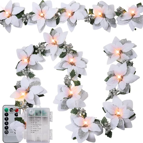 Vista 11 de Zubebe 2 Piezas Guirnalda de Flor de Pascua Preiluminada de Navidad con Luces de Cadena Hojas de Acebo con Purpurina Bayas Control Remoto