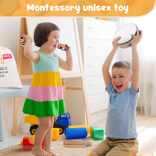 Vista 6 de Stoie's Instrumentos musicales de madera para niños pequeños con tambor, flauta, campanas de mano, platillos, castañuelas, triángulo, para bebés