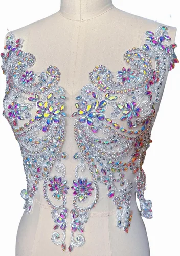 Vista 7 de Apliques de encaje hechos a mano con diamantes de imitación para coser en cuentas de vidrio, accesorios para ropa de vestir (blanco)