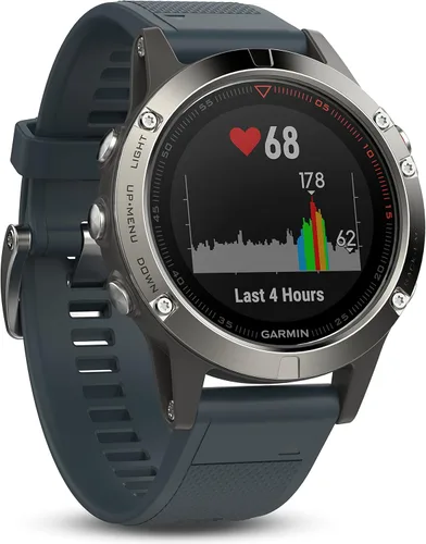 Garmin fénix 5X Zafiro Gris pizarra con correa de metal (restaurado certificado)., Reloj únicamente, 47 mm, Plateado, banda de granito azul