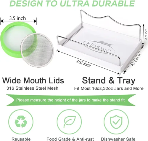 Vista 4 de Kit de tarros de germinación (tarros no incluidos) – 4 tapas de brotes de plástico de alta calidad con pantalla de acero inoxidable 316 para tarros