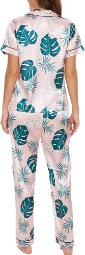 Vista 4 de VENTELAN Womens Silk Satin Pajama Sets Short Sleeve Button Down Top and Long Pants 2 Piece Pjs Set Soft Sleepwear