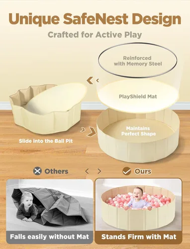 Vista 4 de Hikiddy Piscina de bolas grande para niños pequeños – Piscina de pelotas de bebé de 44 pulgadas con alfombra de juego desplegable, piscina de bolas