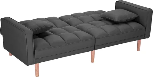 Vista 28 de Sofá cama tipo futón convertible, moderno sofá cama plegable tapizado de lino con dos almohadas, sofá cama de 75 pulgadas para sala de estar