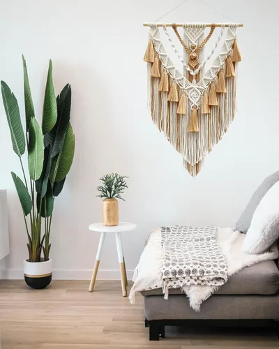 Vista 6 de Tapiz bohemio de macramé para colgar en la pared y decoración de pared, tapiz de algodón hecho a mano con borla, arte de pared tejido de macramé