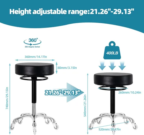 Vista 2 de Silla redonda giratoria con ruedas, acolchado grueso y resistente, taburete ajustable con ruedas para médico (negro)