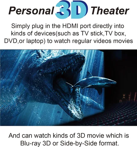 Vista 2 de Cine personal de película 3D, entrada HDMI, conecte a varios dispositivos de fuente de señal multimedia. Batería incorporada, no VR/AR, gafas HDMI