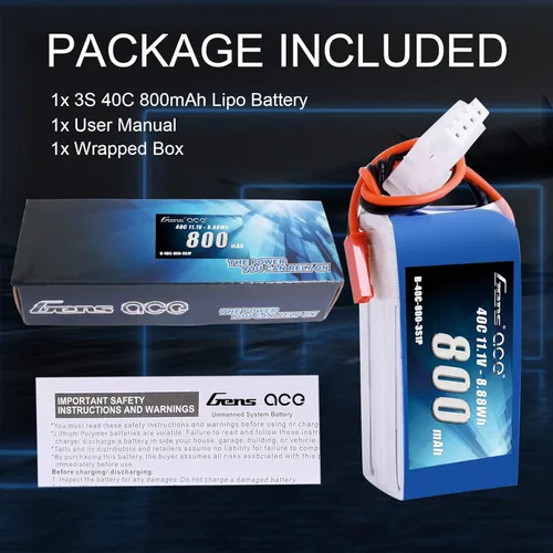 Vista 6 de Gens ace 3S 800mAh 11.1V 40C LiPo Batería con JST Plug para 200 250 Heli 31.496 in Warbirds Eflite Blade CP CP Pro Helicóptero Comparar con E-flite