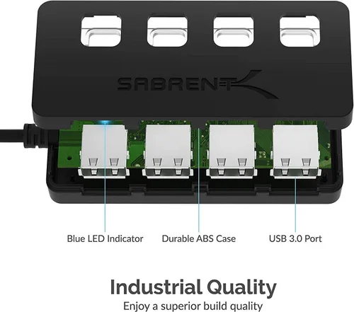 Vista 7 de SABRENT Hub USB 3.0 de 4 puertos con interruptores de alimentación individuales iluminados por LED, incluye adaptador de corriente de 5V/2.5A