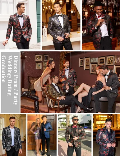 Vista 5 de COOFANDY Chaquetas de esmoquin florales para hombre, chaqueta ajustada para boda, cena, baile de graduación