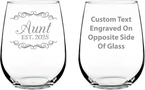 Custom Aunt Est 20XX - New Aunties Stemless Wine Glass Gift for First Time Aunts - Personalized Decorative 17 Oz Large Glasses