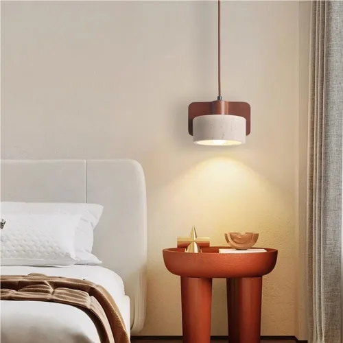 Vista 4 de Single Head Vintage Pendant Light Fixture Modern Cylinder Travertine Hanging Lamp Nordic Retro Solid Wood Chandelier for Dining Room Bedside Hallway
