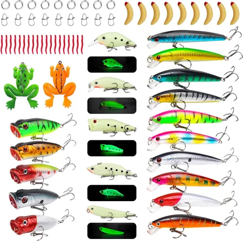 Vista 8 de TSKS Kit de Señuelos Artificiales de Pesca Mixto Incluyendo Minnow de Aleta de Buceo Frontal, Popper de Superficie, Cebos de Manivela, Lápiz VIB