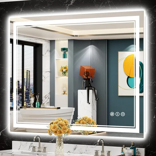Vista 28 de Espejo de baño LED de 48 x 30 pulgadas con luces, retroiluminado + frontal iluminado, espejo de tocador con luz antiniebla para pared de baño con 3