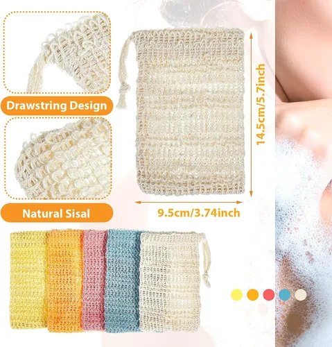 Vista 2 de BBTO Bolsa de jabón exfoliante de lino y algodón para hacer espuma y secar, ducha, depurador (3.5 x 5.5 in, blanco, rosa, azul, amarillo, naranja)