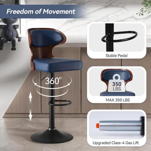 Vista 11 de Nalupatio Juego de 3 taburetes de bar con altura ajustable de 24.5 a 33.5 pulgadas, taburetes de bar giratorios de madera curvada con respaldo