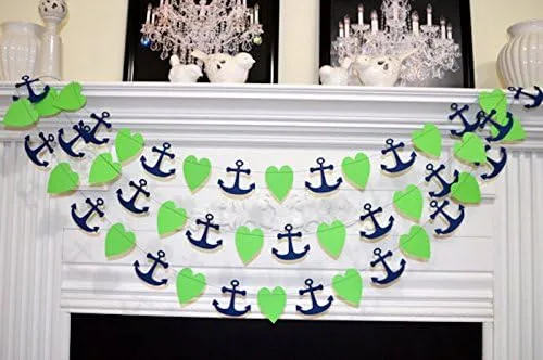 Vista 5 de Nautical wedding decor Anchor heart garland, lime green garland wedding decorations, beach theme bridal shower, nautical baby room decor