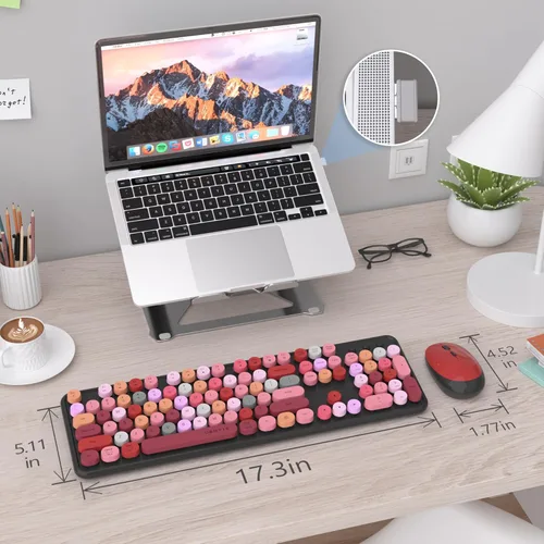 Vista 6 de UBOTIE Teclado inalámbrico colorido para computadora y mouse óptico, teclas flexibles, teclado de tamaño completo de oficina, conexión sin
