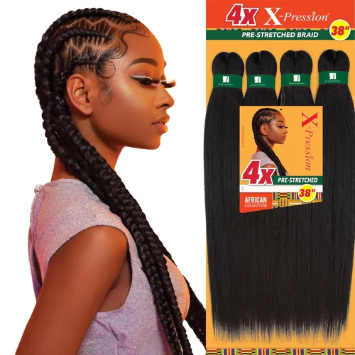 Sensationnel X-pression - Cabello trenzado preestirado 4 trenzas de 38 pulgadas todo kanekalon trenza sintética ignífuga para trenzas de caja y