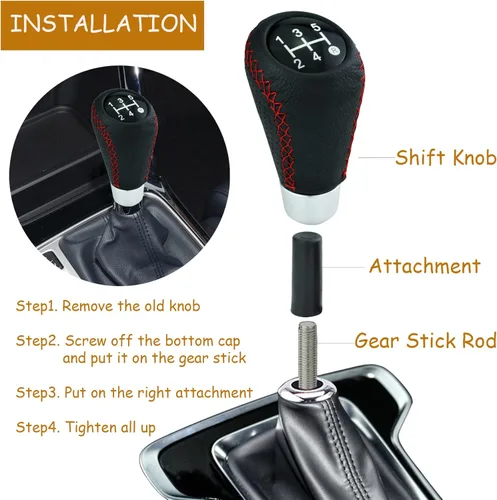 Vista 2 de Temzzer Pomo de palanca de cambios de cuero de 5 velocidades para la mayoría de vehículos automáticos manuales (costuras rojas)
