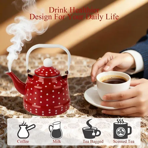 Vista 7 de Estufa de té esmaltada vintage de 1.8 cuartos de galón, tetera esmaltada con manchas rojas y blancas, esmalte en acero y café con asa, hervidor