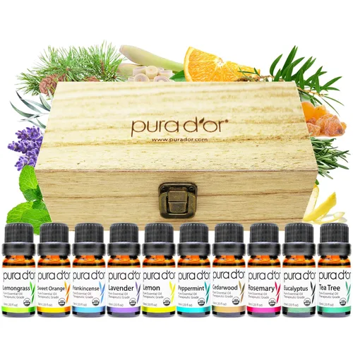 PURA D'OR Juego de aceites esenciales orgánicos Perfect10 - 10x 10mL Caja de madera para aromaterapia, juego de regalo - 100% puro, grado
