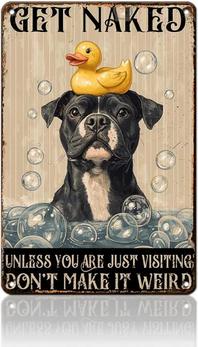PEACHGARDEN Cartel de Metal Gracioso para Baño Pitbull Letrero de "Póngase Desnudo" Arte de Perro para Pared Decoración de Baño Letrero para Inodoro