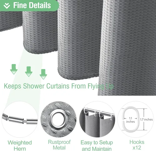 Vista 185 de Cortina de ducha de tela Dynamene verde oscuro - Cortinas de baño de tela de nido de abeja texturizadas resistentes, juego de cortinas de baño