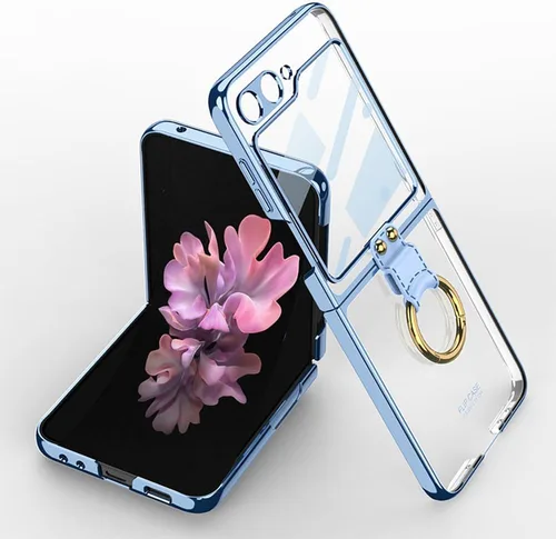 Vista 21 de SHIEID Z Flip 5 - Funda con soporte de anillo, borde galvanizado para Galaxy Z Flip 5, funda protectora delgada con protector de pantalla integrado