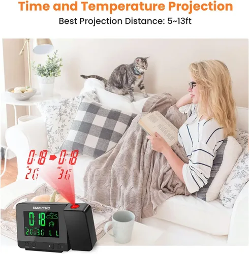 Vista 5 de SMARTRO SC31B Reloj Despertador de Proyección Digital con Estación Meteorológica, Termómetro Interior y Exterior para Dormitorios, Cargador USB