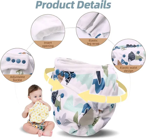Vista 5 de Pañales de tela para bebé, talla única, ajustables, lavables, reutilizables, pañales de bolsillo para bebés niñas y niños, 5 paquetes + 5 insertos