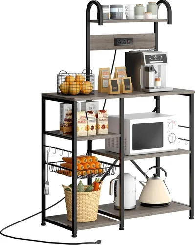 Vista 8 de JAMFLY Estante para panaderos con toma de corriente, soporte para microondas, estante de almacenamiento de cocina con 6 ganchos, estación de barra