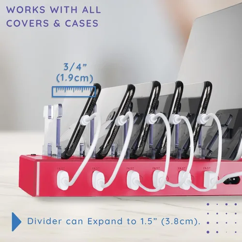 Vista 6 de Estación de carga para múltiples dispositivos – Base de carga USB de 6 puertos para Apple y Android – Organizador de carga múltiple rápida