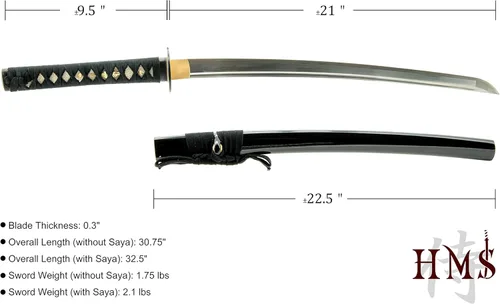 Vista 5 de HMS Espada japonesa Samurai Wakizashi de entrenamiento, Musashi Tsuba, acero inoxidable, hecha a mano, espiga completa, Musashi Tsuba, sin afilar