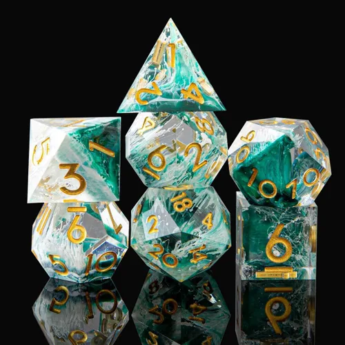 DND - Juego de dados de resina de borde afilado con estuche para dados, hechos a mano, 7 accesorios de dados poliédricos para juegos de rol,