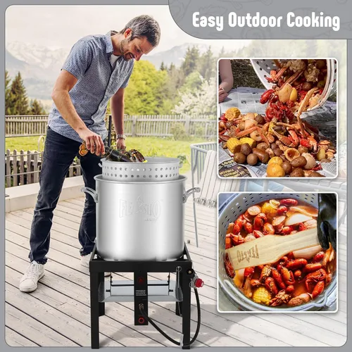 Vista 8 de Feasto Olla para hervir mariscos de 60 cuartos de galón con cesta y quemador, kit de olla y quemador de mariscos de aluminio con salida de 100,000