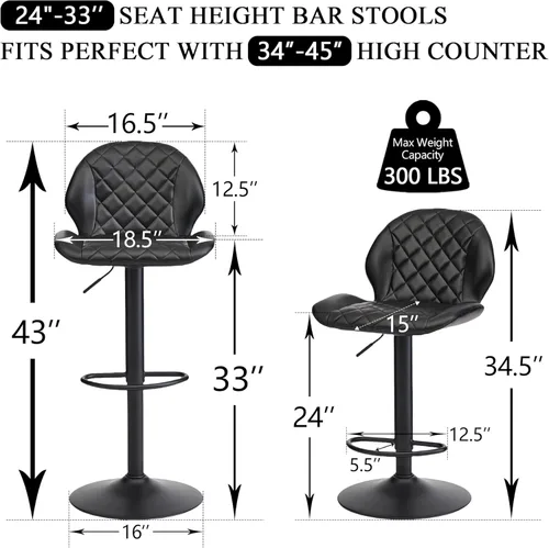 Vista 2 de FIRAVOE Juego de 2 taburetes de bar giratorios negros con respaldo, taburete de bar ajustable de 24 a 33 pulgadas, taburete de bar tapizado de piel