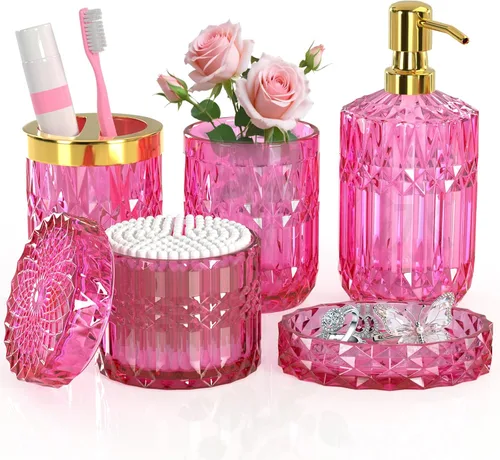 Juego de accesorios de baño rosa intenso de vidrio 5 piezas, juego de baño rosa intenso, juego de dispensador de jabón y soporte para cepillo de
