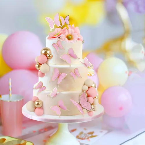 Vista 7 de 38 bolas de oro rosa para decoración de tartas, flores artificiales rosadas, decoraciones de pasteles de mariposa para decoración de pasteles