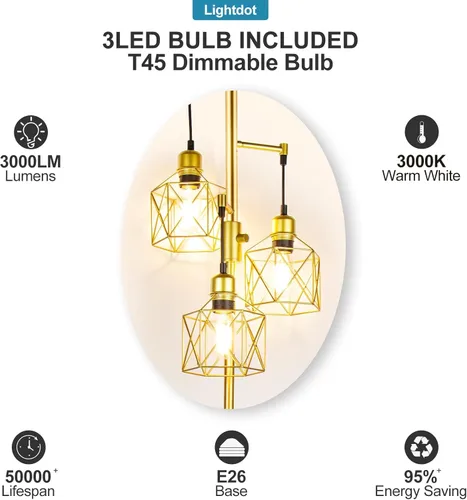 Vista 3 de Lightdot HOM-Gold - Lámpara de pie regulable de 68 pulgadas para sala de estar, lámparas de pie industriales de árbol de 3 luces con bombillas LED