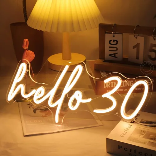 Vista 6 de SYLHOME Letrero de luz LED de neón con texto en inglés "Hello 30 Thirty Years Old Warm White Hello 30 Thirty Years Old ", para fiesta de cumpleaños