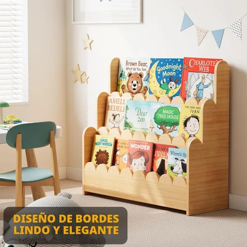 Vista 4 de SpaceAid - Estantería de 3 niveles con forma de escalope, estantería Montessori para niños pequeños, estantería de madera para organizar libros