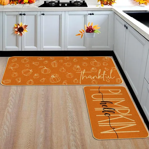 Vista 7 de Juego de 2 tapetes de cocina de otoño naranja con texto en inglés "Hello Pumpkin" para decoración del hogar, tapetes de cocina de bajo perfil