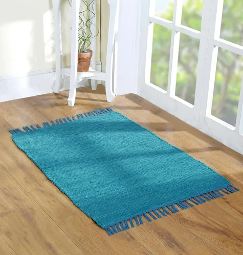Vista 20 de Alfombra de algodón de 24 x 36 pulgadas, multicolor, tejida a mano, lavable y reversible para sala de estar, cocina, entrada, con borlas (aguamarina)