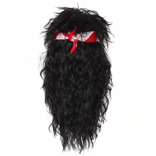 Vista 7 de Peluca de los años 80 con bandana para hombre, peluca negra de cosplay larga y rizada para Halloween