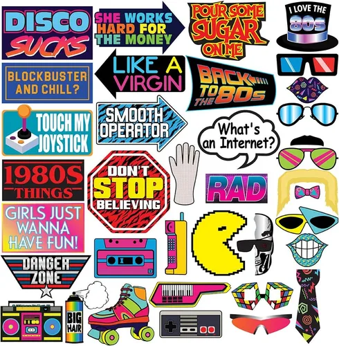 Accesorios retro para cabina de fotos de los años 80, 37 piezas, suministros divertidos para fiestas temáticas de los años 80, decoraciones y regalos
