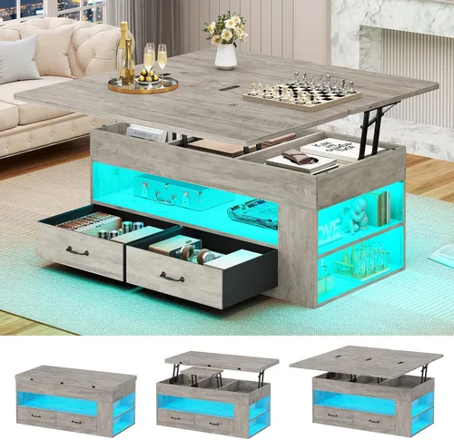 Vista 10 de Itaar - Mesa auxiliar con tapa elevable, mesa de centro 4 en 1 con almacenamiento y compartimento oculto, mesa de centro de estilo granja con 2
