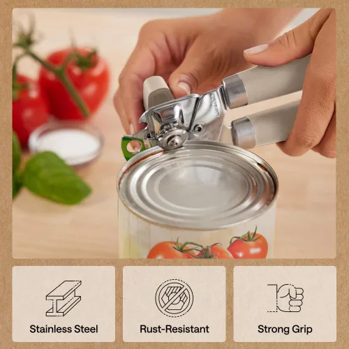 Vista 5 de GORILLA GRIP - Abridor de latas manual de acero inoxidable resistente con borde liso y abridor de botellas, mango suave y cómodo, perilla giratoria